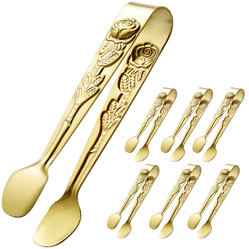 HINMAY 6PCS Mini Serving Tongs 4 Inches Small Rose Sugar Cube Tongs (Gold) - Image 1